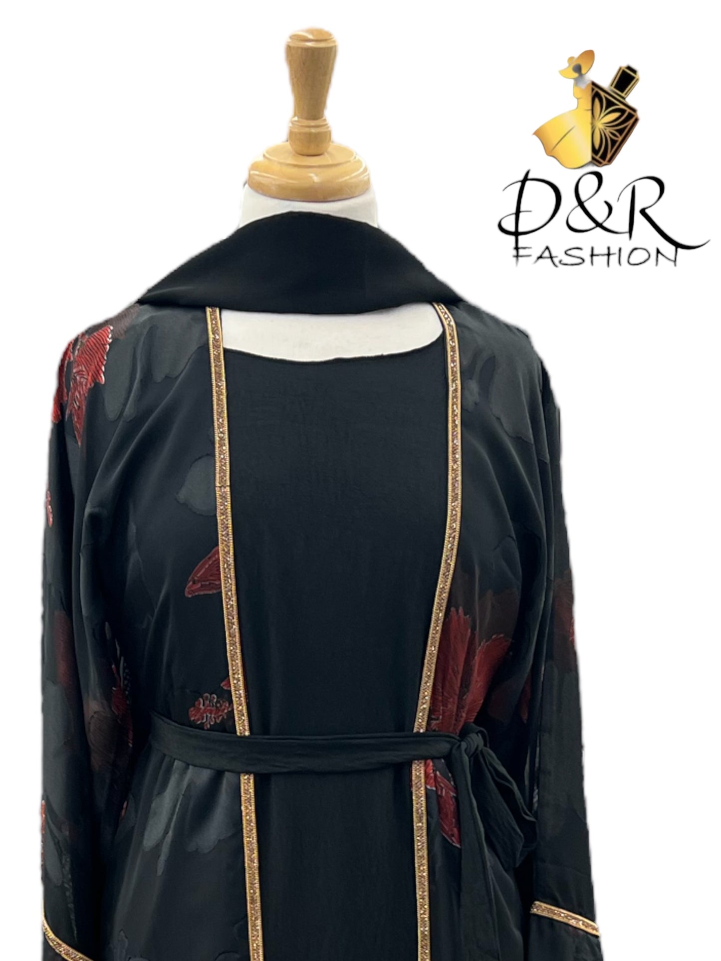 Elegant Gold Stripe Design Dubai Abaya Set: Sheer Fabric