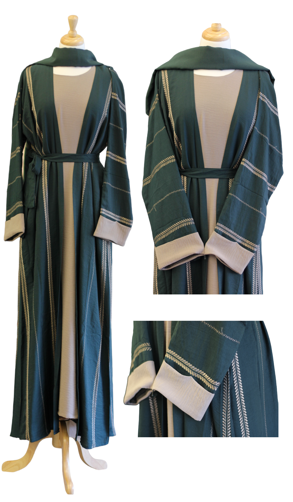 Elegant Green & Nude Dubai Abaya 2-Piece Set – Premium Fabric & Matching Scarf