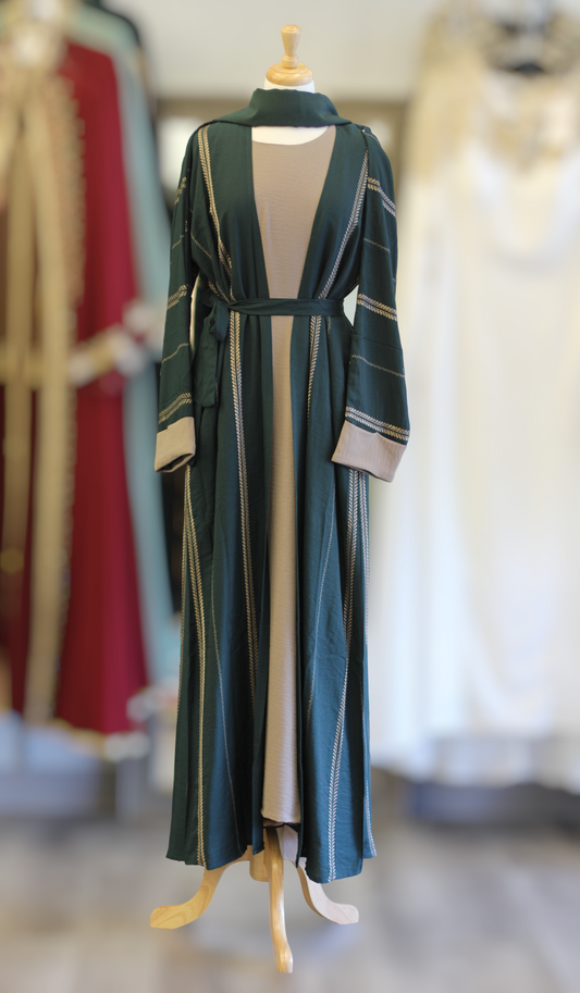 Elegant Green & Nude Dubai Abaya 2-Piece Set – Premium Fabric & Matching Scarf