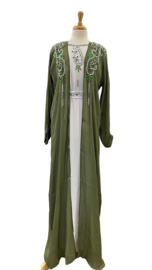 Abaya-Elegant two-piece Green & White Dubai Abaya