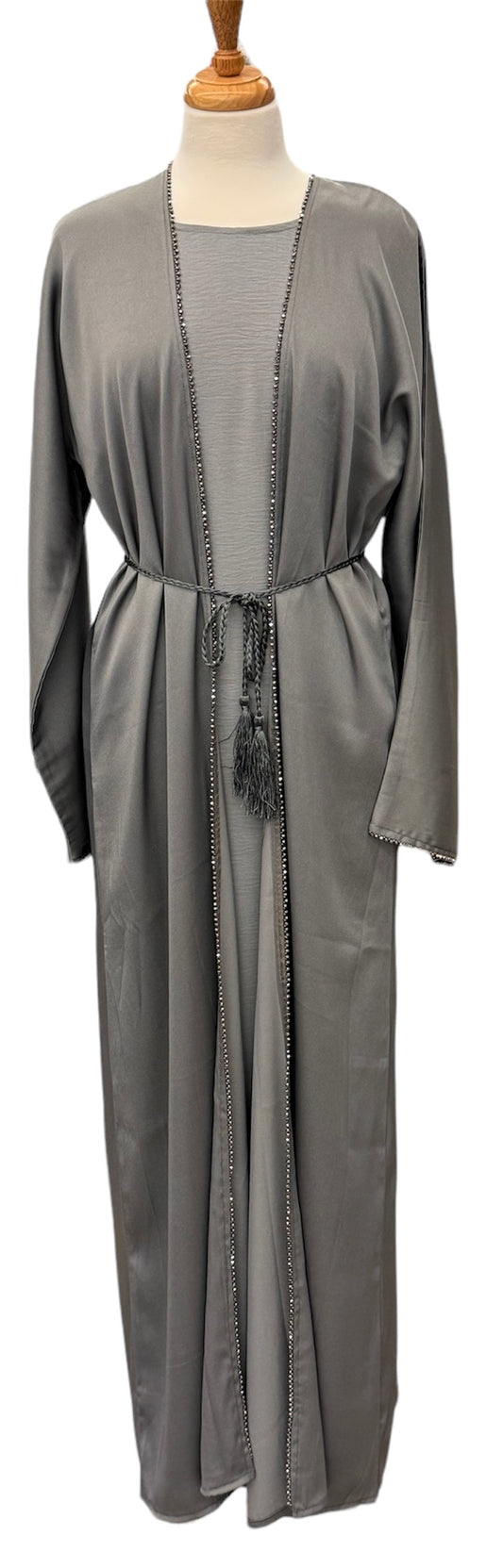 Elegant Satin Abaya Set | Two-Piece with Hijab & Belt