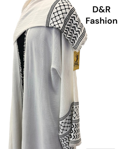 Elegant white abaya with black design on the cuffs