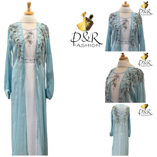 Abaya-Sky Blue and White Dubai Abaya 2 Piece Set