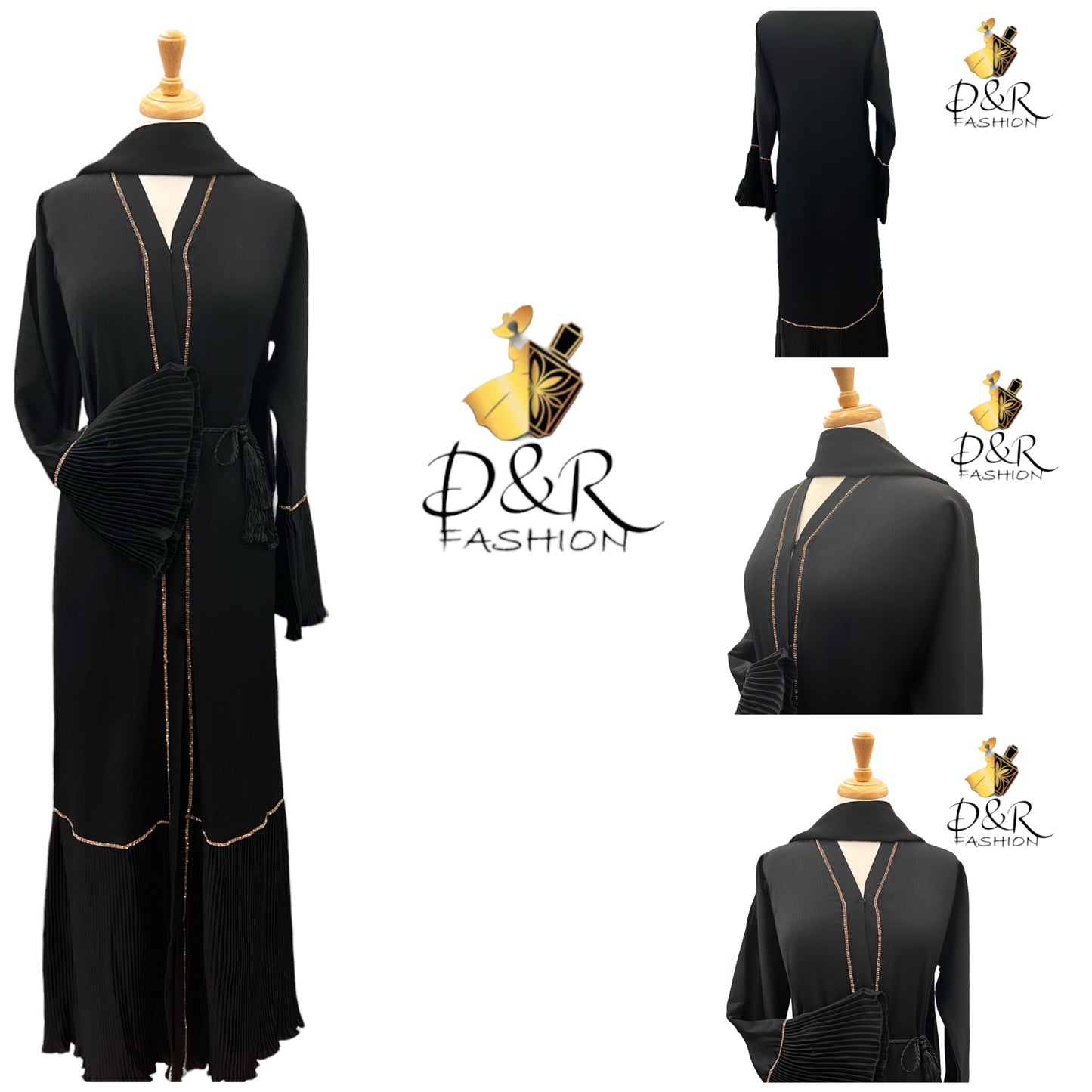 Elegant Open Dubai Abaya Set with Gold Stripe Accents