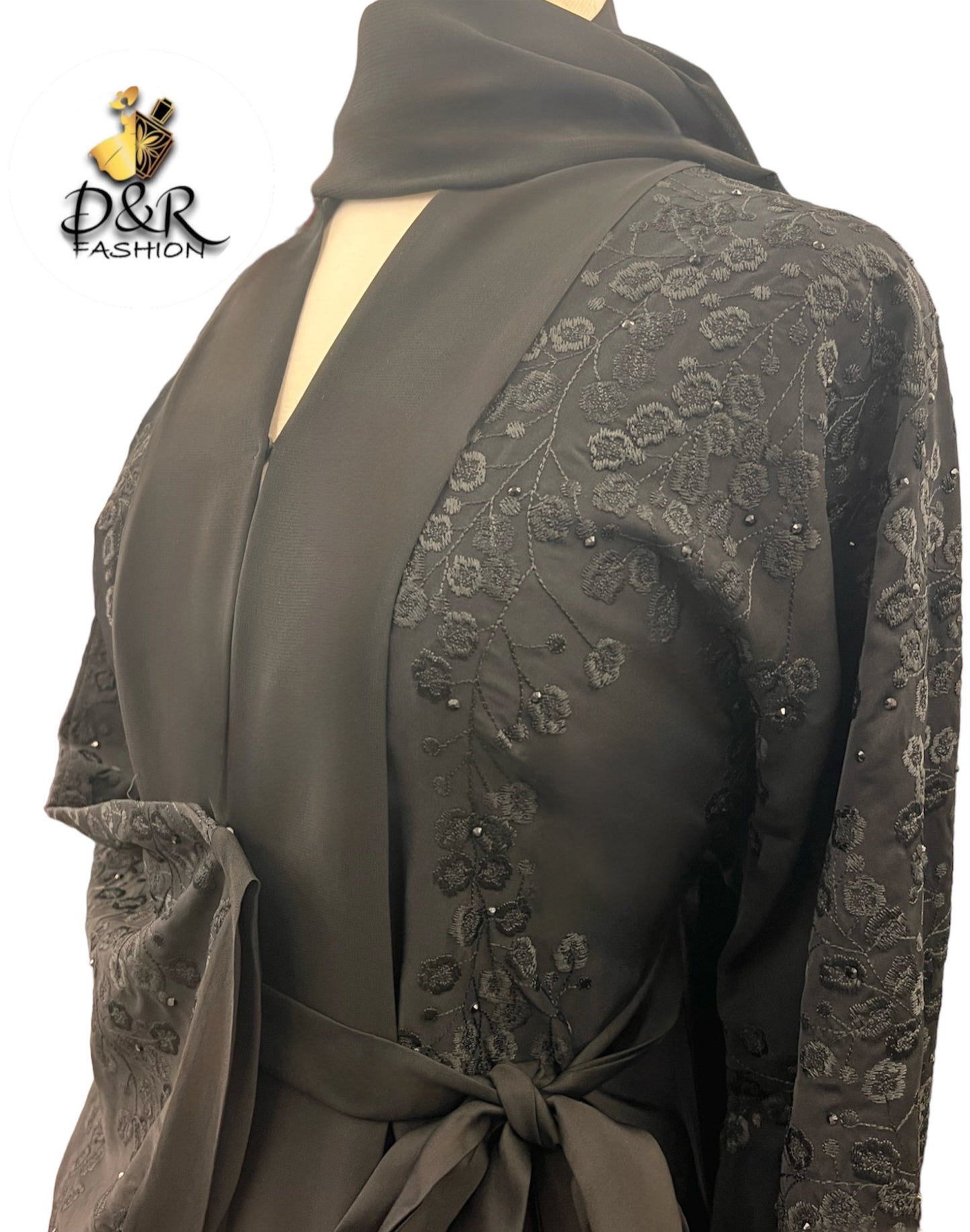 Stylish Soft Fabric Open Dubai Abaya with Matching Scarf & Belt