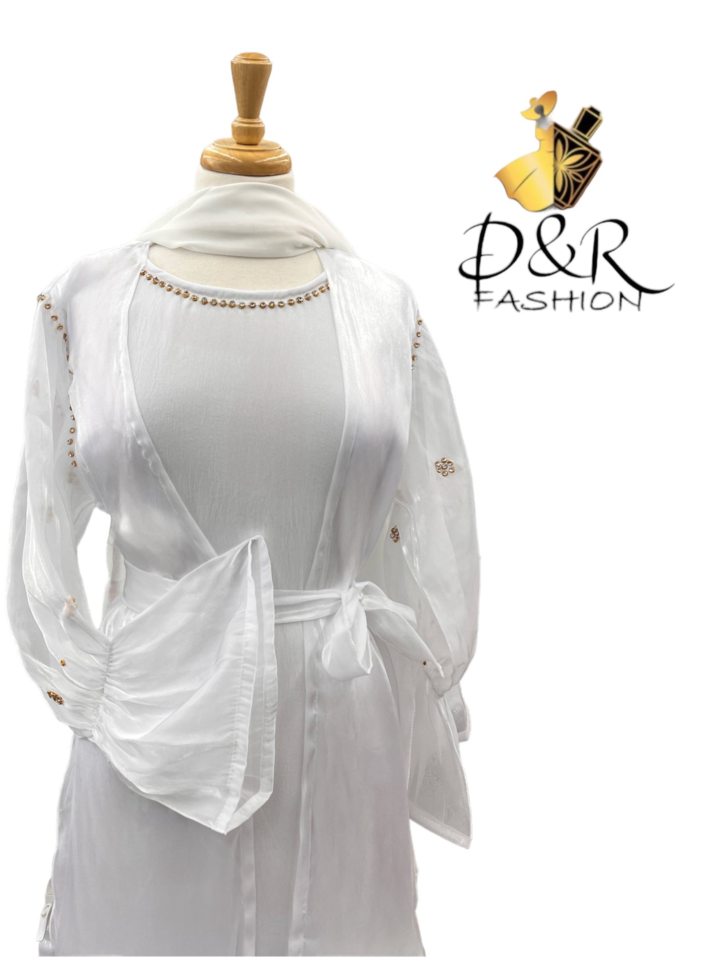 Abaya-Pearl White Dubai Abaya 2 Piece Set made of high quality sheer fabric