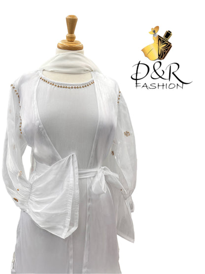 Abaya-Pearl White Dubai Abaya 2 Piece Set made of high quality sheer fabric