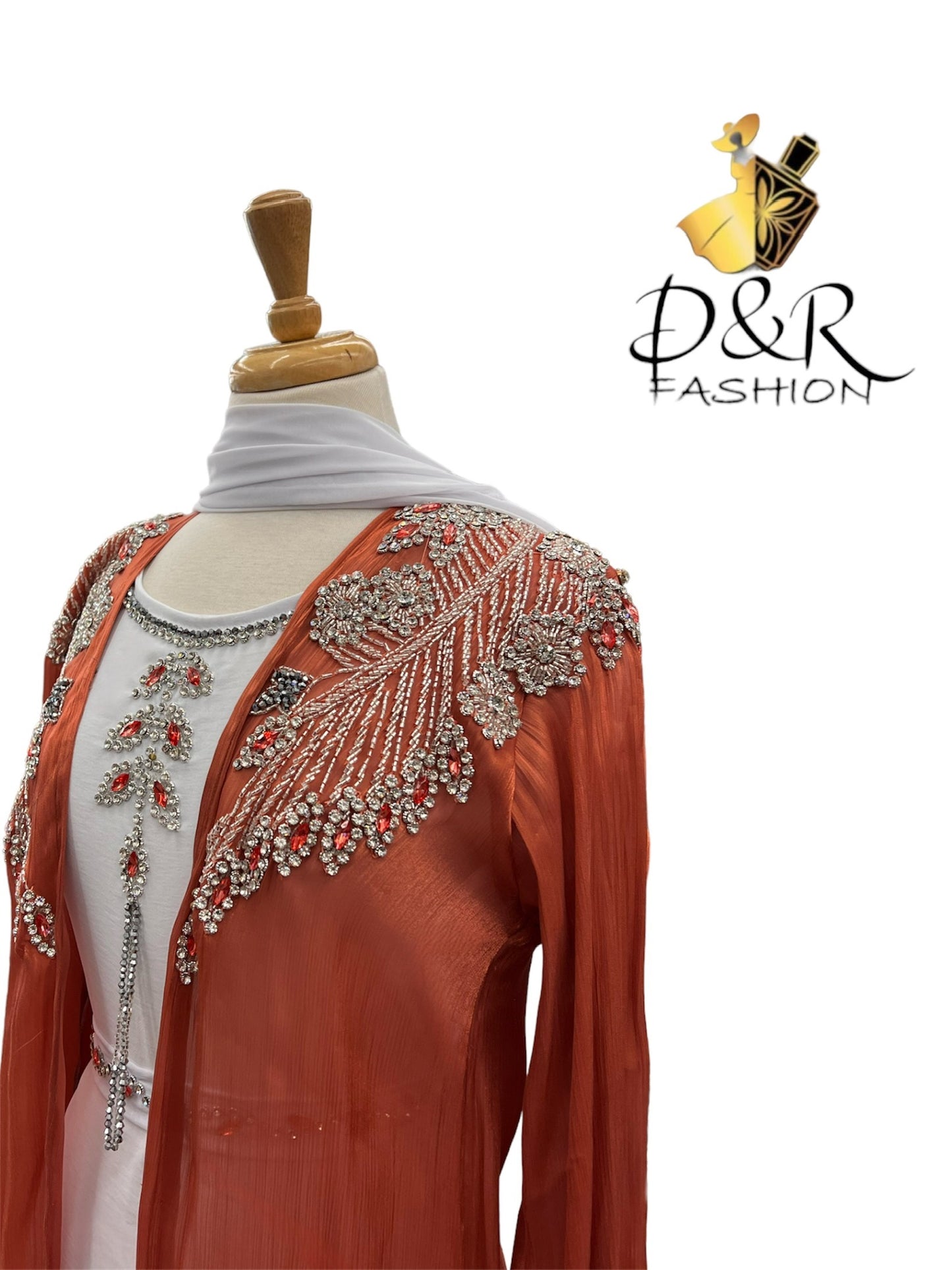 Abaya-Orange and White Dubai Abaya 2 Piece Set