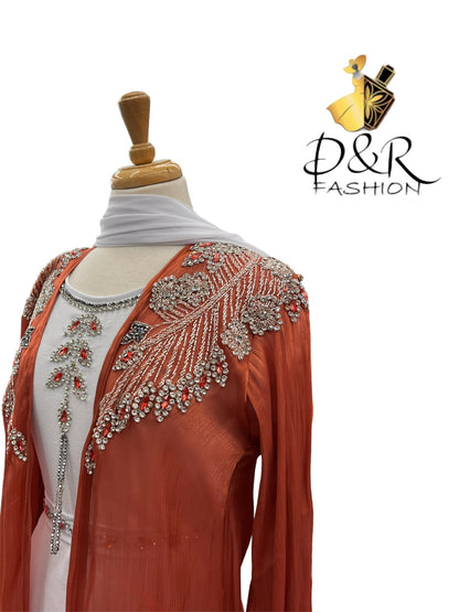 Abaya-Orange and White Dubai Abaya 2 Piece Set