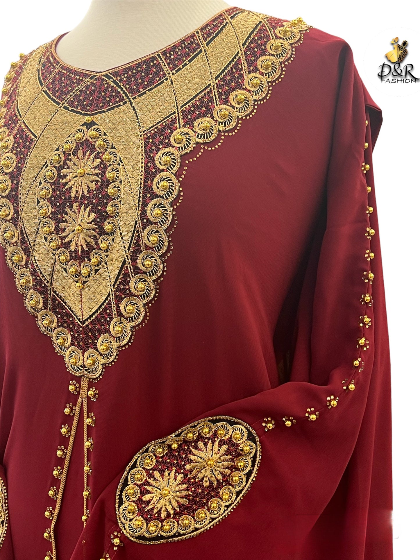 stunning Dubai Abaya 2-Piece Set, featuring a sheer fabric with intricate gold designs