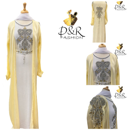 Abaya-Lime Yellow and White Dubai Abaya 2 Piece Set