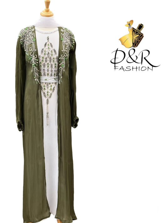 Abaya-Mint Green & White Dubai Abaya 2 Piece Set