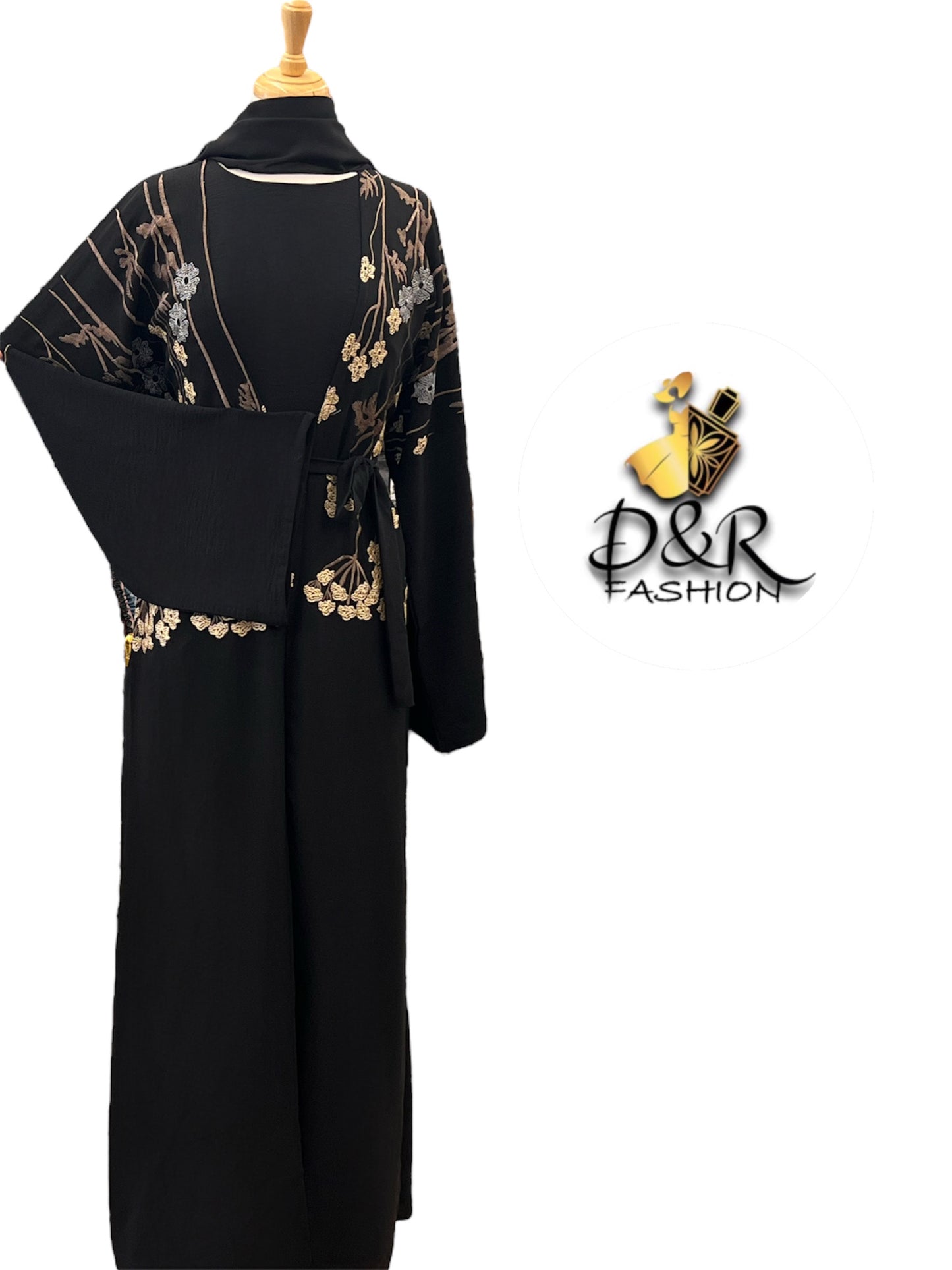 Classy Embroidered Dubai Abaya 2-Piece Set – Elegant Design with Scarf & Belt