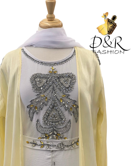 Abaya-Lime Yellow and White Dubai Abaya 2 Piece Set