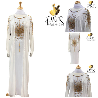 Abaya-Embroidered Elegance White Dubai Abaya 2 Piece Set