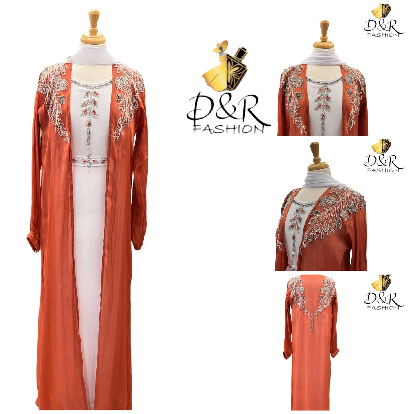 Abaya-Orange and White Dubai Abaya 2 Piece Set