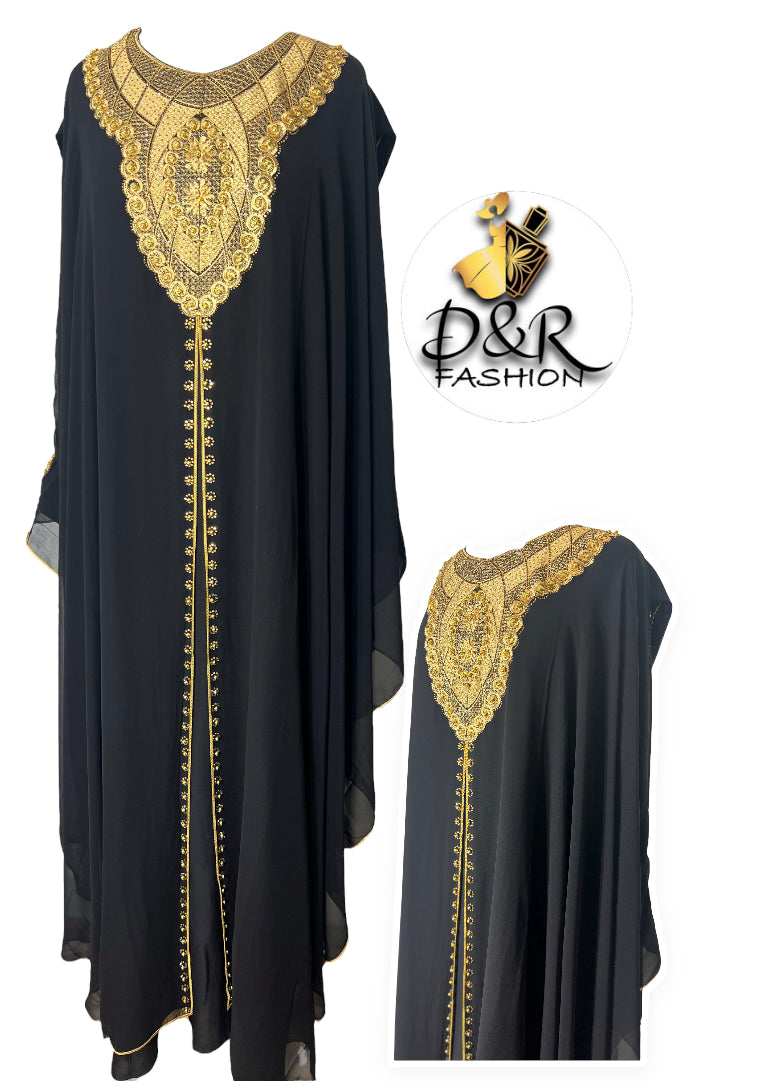 stunning Dubai Abaya 2-Piece Set, featuring a sheer fabric with intricate gold designs