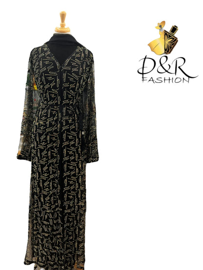 Abaya-A soft black and transparent abaya with design