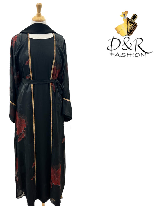 Elegant Gold Stripe Design Dubai Abaya Set: Sheer Fabric