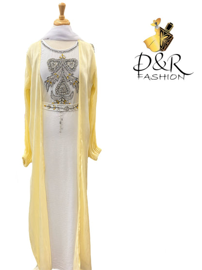 Abaya-Lime Yellow and White Dubai Abaya 2 Piece Set