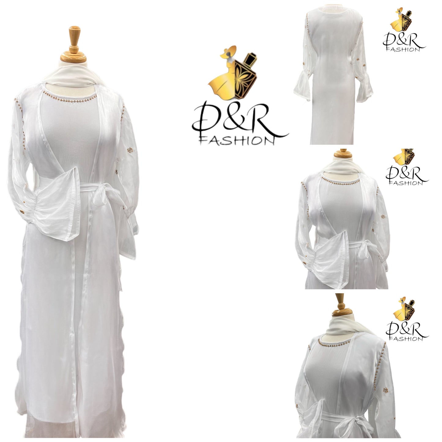 Abaya-Pearl White Dubai Abaya 2 Piece Set made of high quality sheer fabric