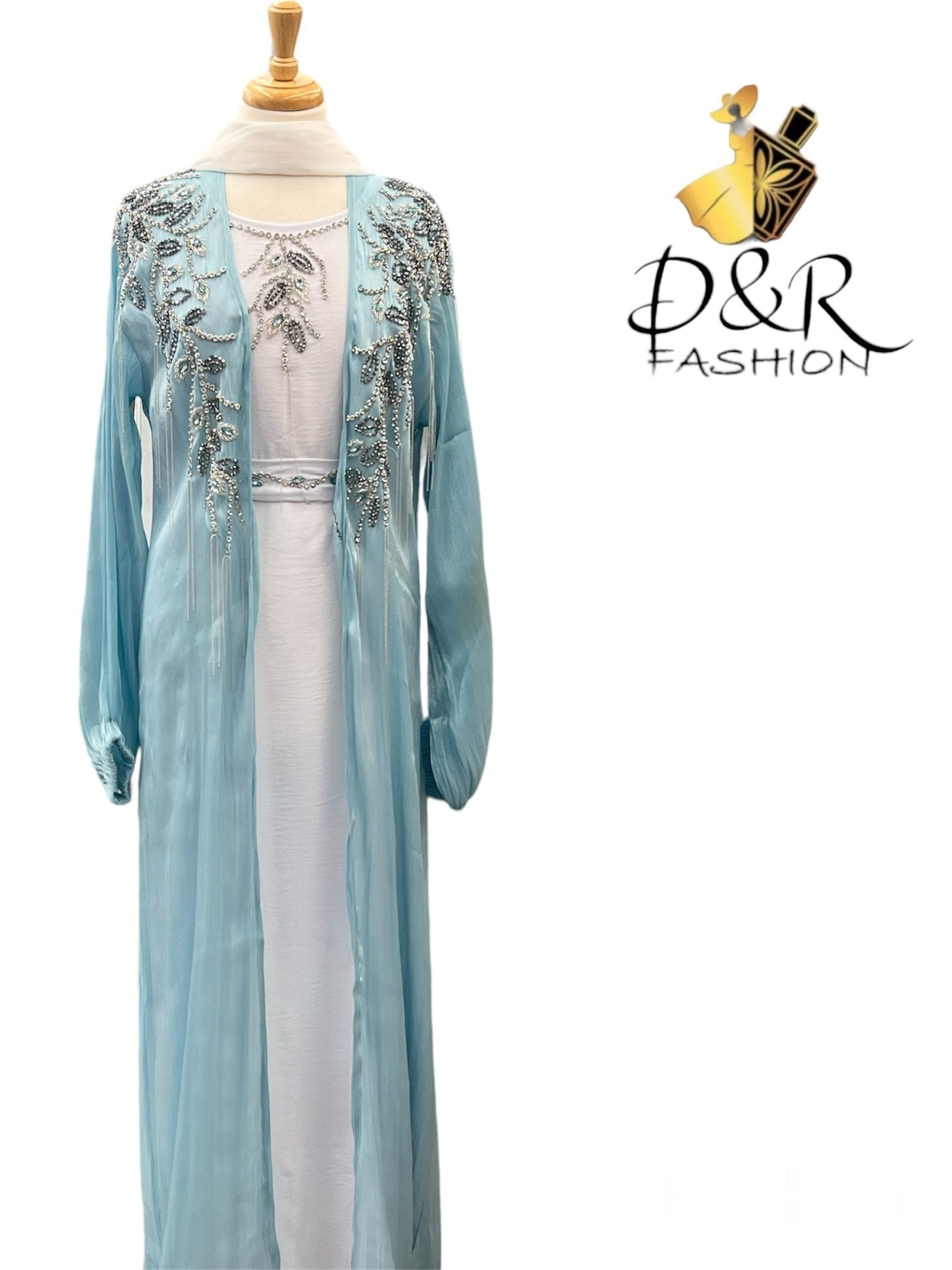 Abaya-Sky Blue and White Dubai Abaya 2 Piece Set