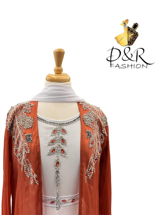 Abaya-Orange and White Dubai Abaya 2 Piece Set