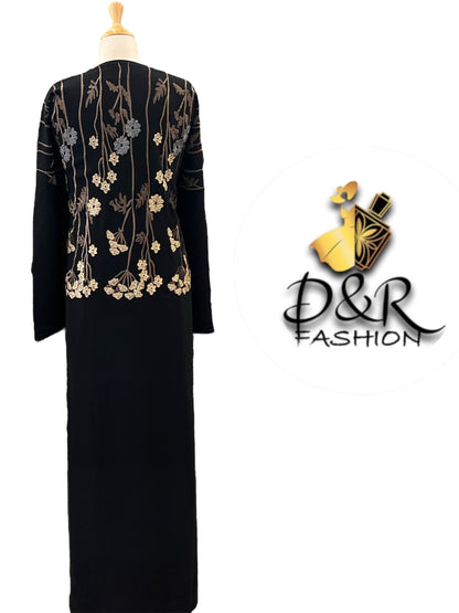 Classy Embroidered Dubai Abaya 2-Piece Set – Elegant Design with Scarf & Belt