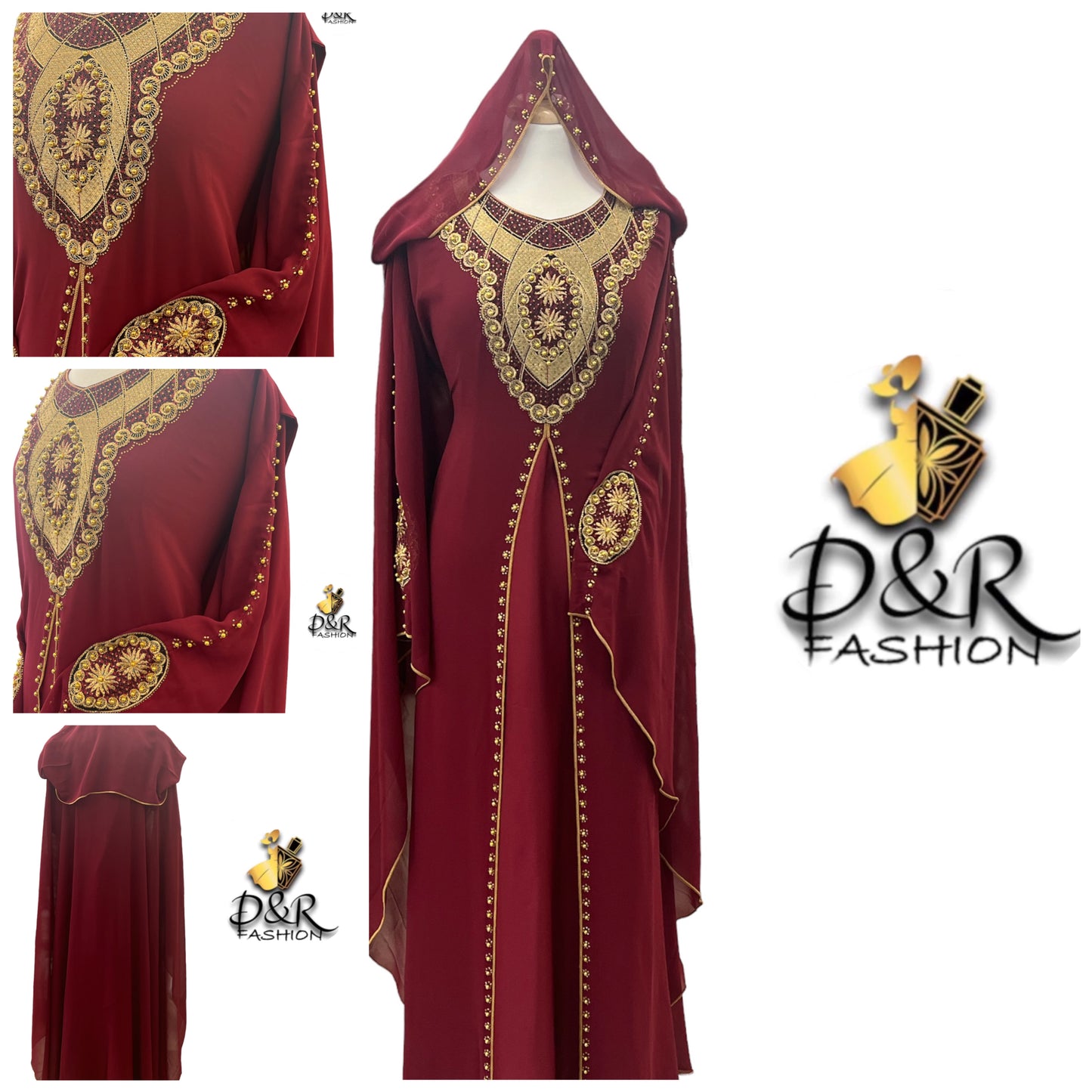 stunning Dubai Abaya 2-Piece Set, featuring a sheer fabric with intricate gold designs