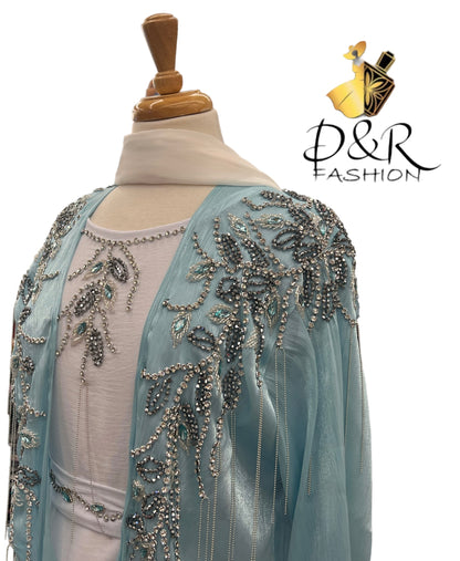 Abaya-Sky Blue and White Dubai Abaya 2 Piece Set