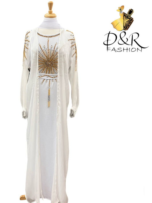 Abaya-Embroidered Elegance White Dubai Abaya 2 Piece Set