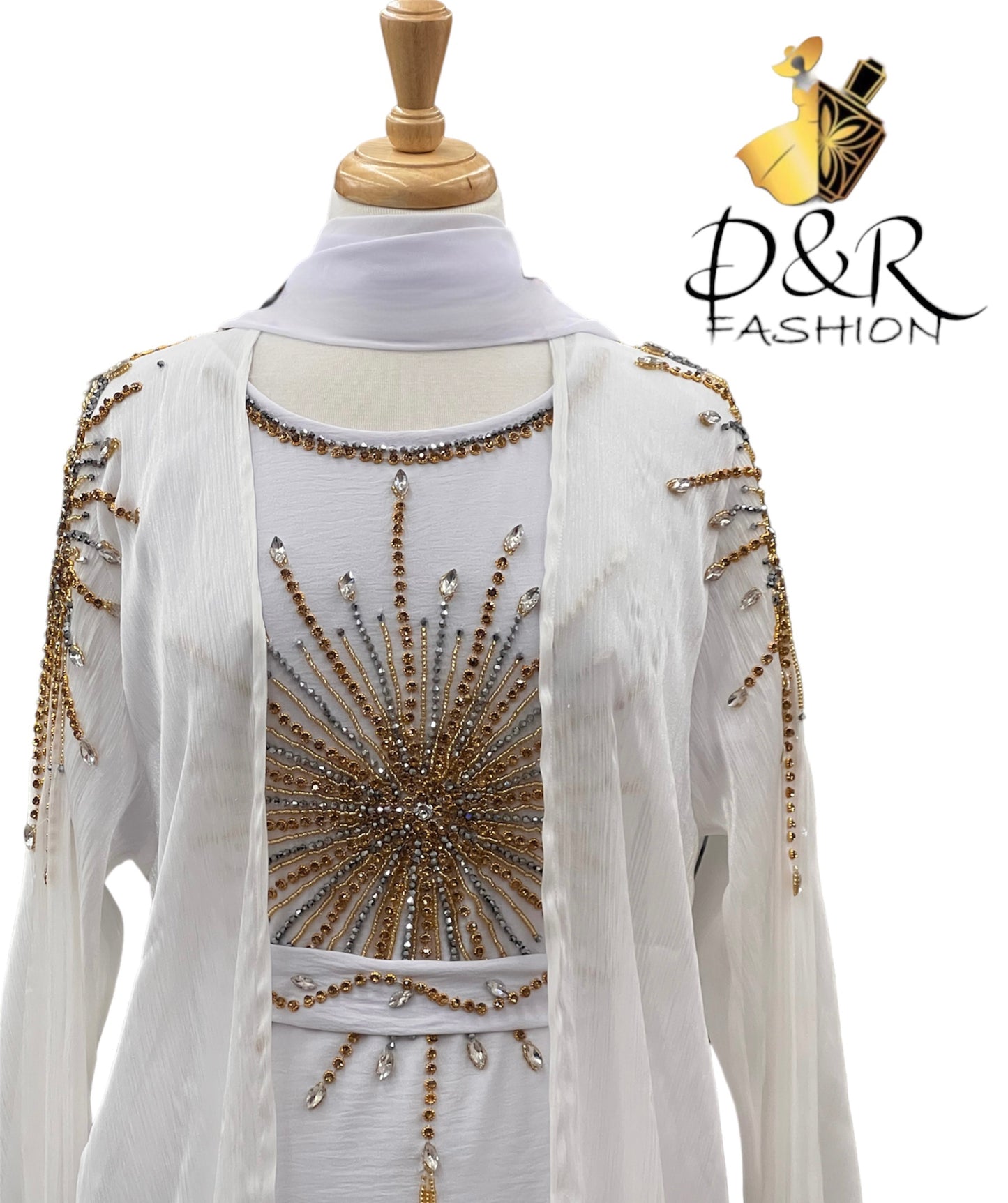 Abaya-Embroidered Elegance White Dubai Abaya 2 Piece Set