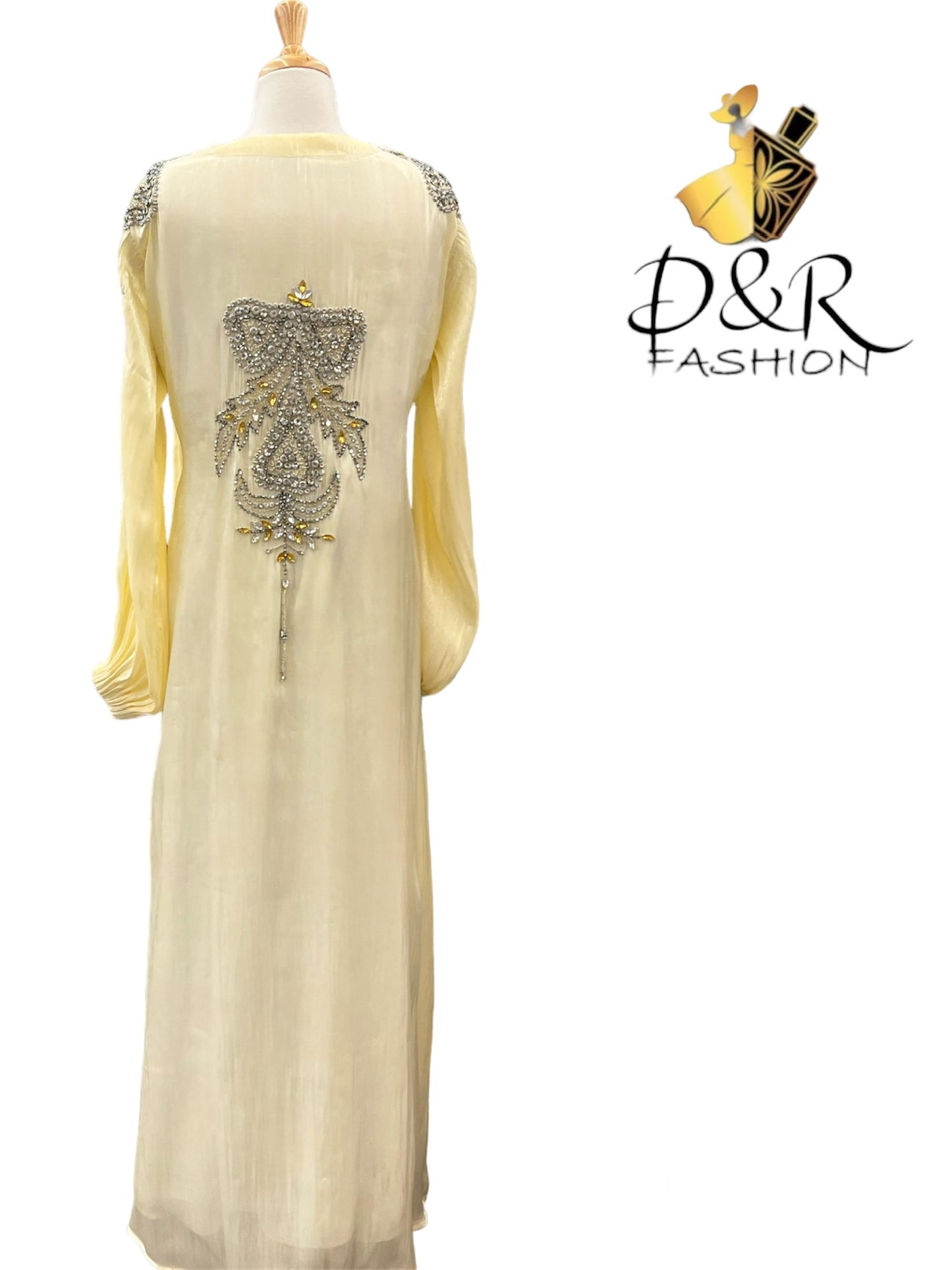 Abaya-Lime Yellow and White Dubai Abaya 2 Piece Set