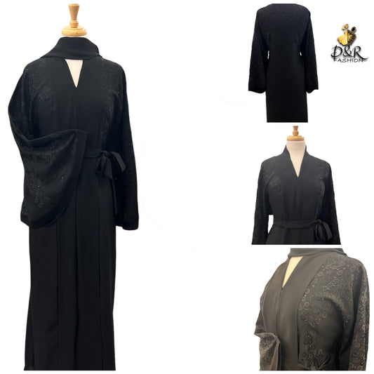 Stylish Soft Fabric Open Dubai Abaya with Matching Scarf & Belt