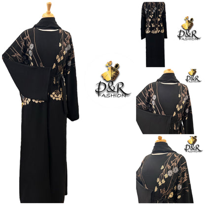 Classy Embroidered Dubai Abaya 2-Piece Set – Elegant Design with Scarf & Belt