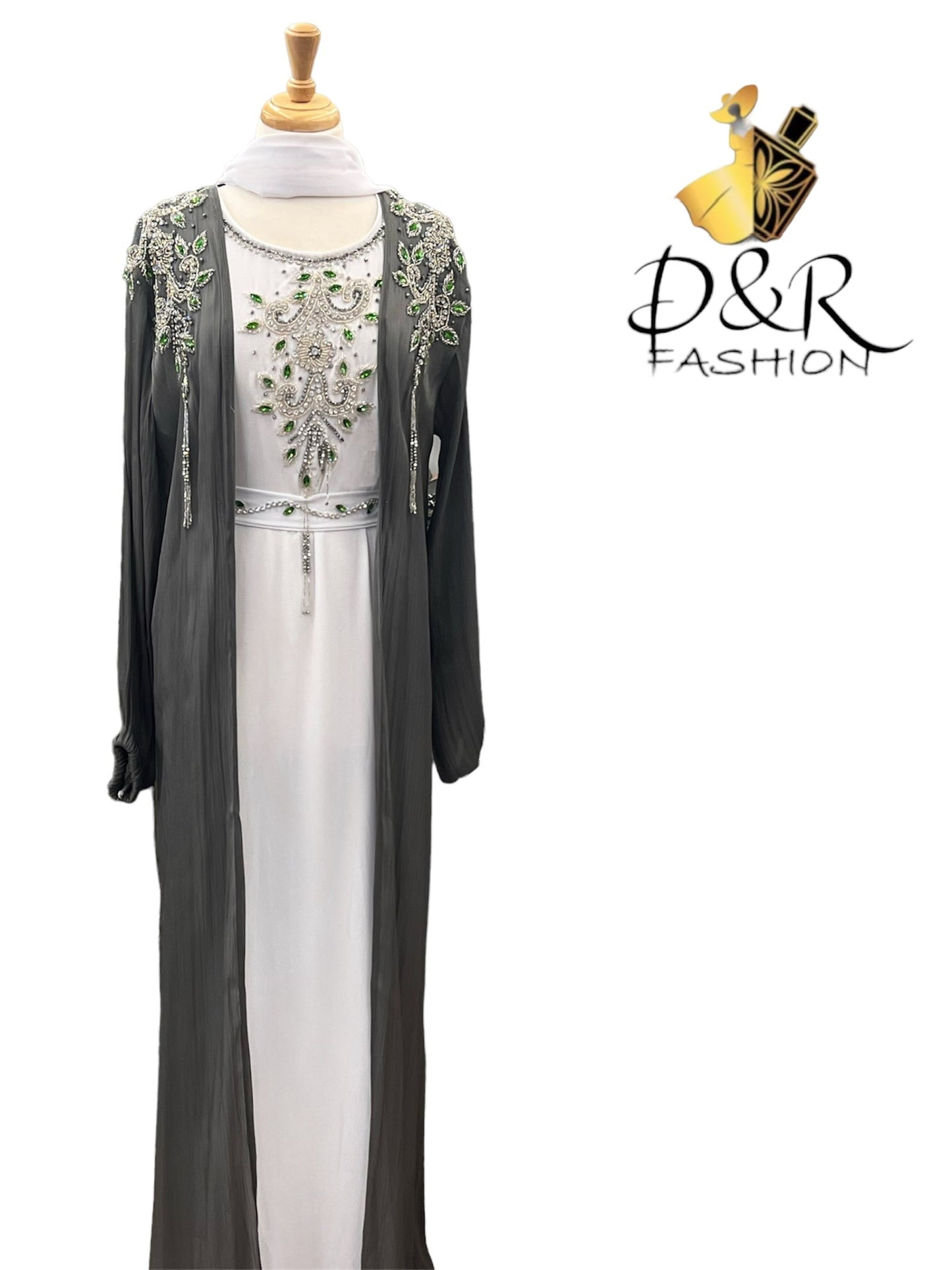 Abaya-Grey and White Dubai Abaya 2 Piece Set