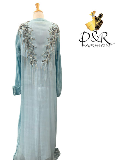 Abaya-Sky Blue and White Dubai Abaya 2 Piece Set