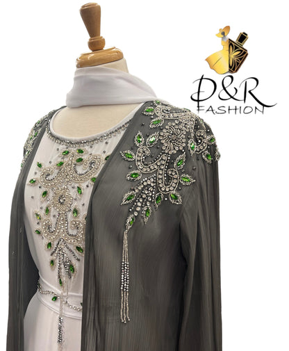 Abaya-Grey and White Dubai Abaya 2 Piece Set