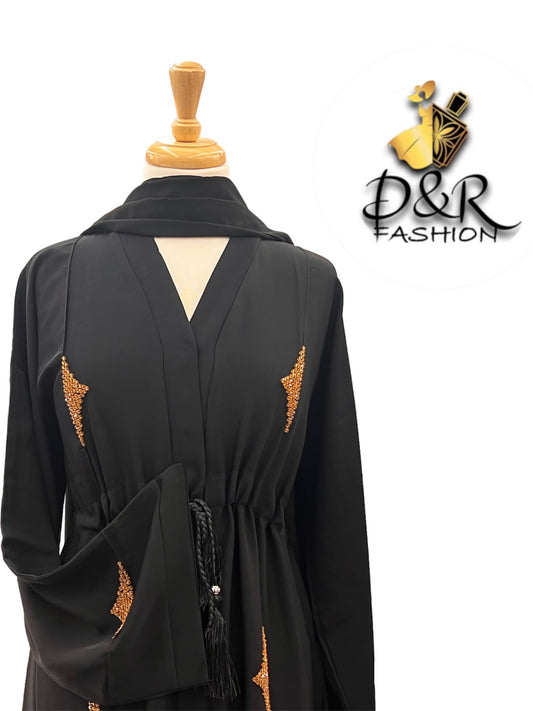 Hand-Embroidered Dubai Open Abaya – Hand-Embroidered with Beads & Matching Scarf