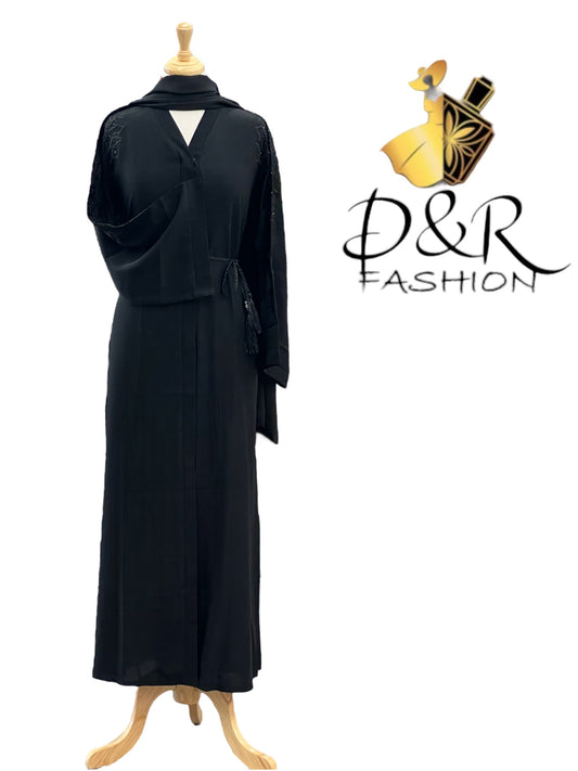 Abaya-"Elegant Open Dubai Abaya with Embroidered Details & Matching Scarf"