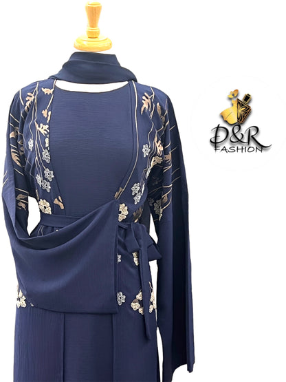 Classy Embroidered Dubai Abaya 2-Piece Set – Elegant Design with Scarf & Belt