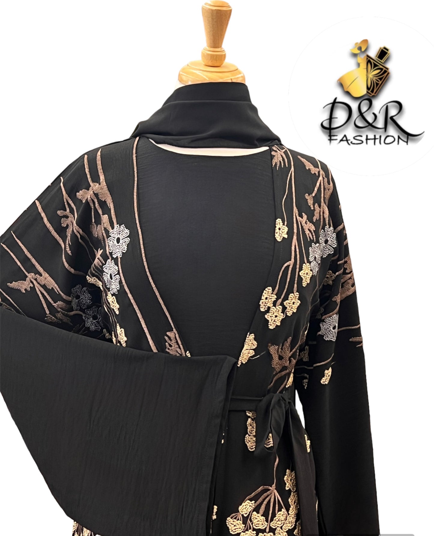 Classy Embroidered Dubai Abaya 2-Piece Set – Elegant Design with Scarf & Belt