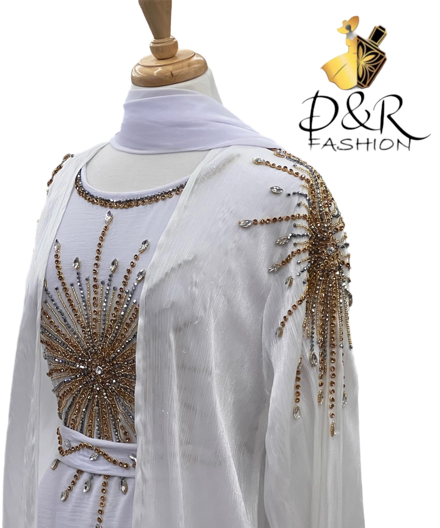 Abaya-Embroidered Elegance White Dubai Abaya 2 Piece Set