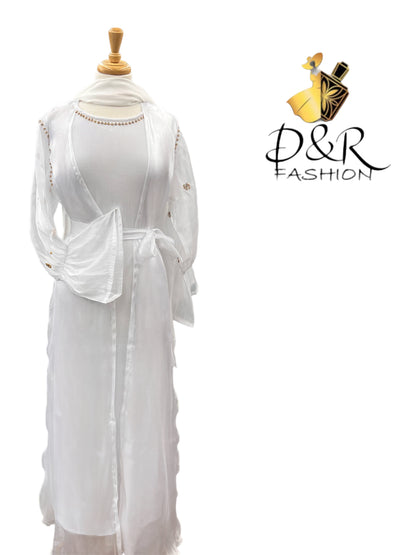 Abaya-Pearl White Dubai Abaya 2 Piece Set made of high quality sheer fabric