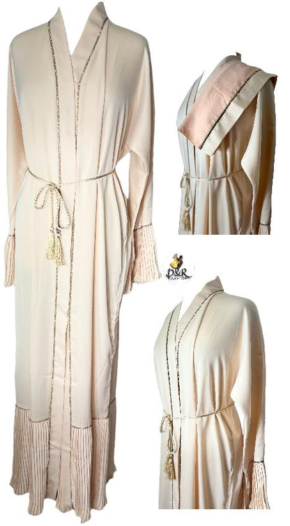 Elegant Open Dubai Abaya Set with Gold Stripe Accents