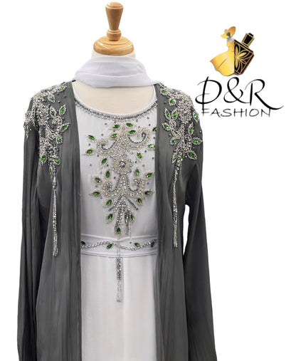 Abaya-Grey and White Dubai Abaya 2 Piece Set