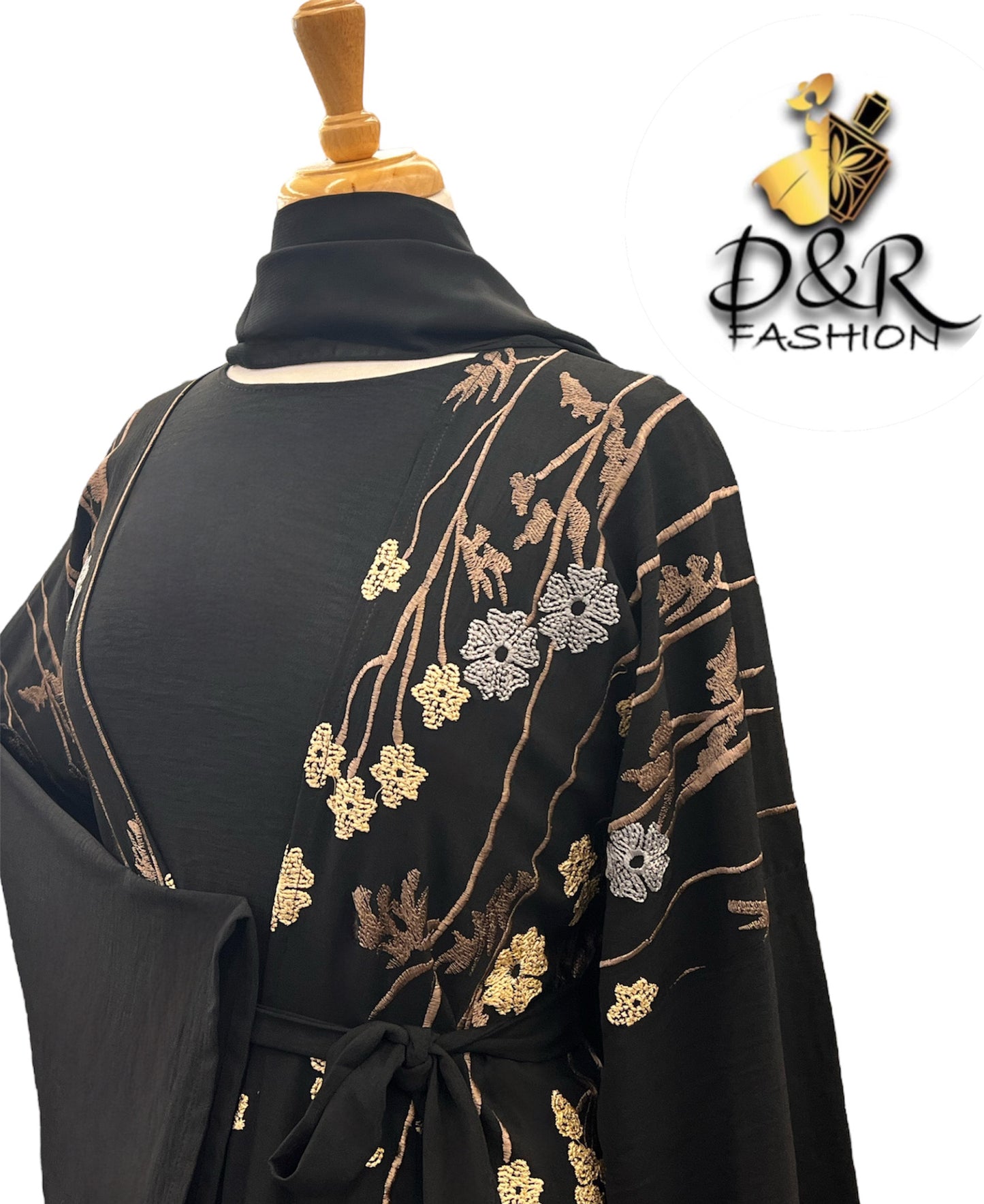 Classy Embroidered Dubai Abaya 2-Piece Set – Elegant Design with Scarf & Belt