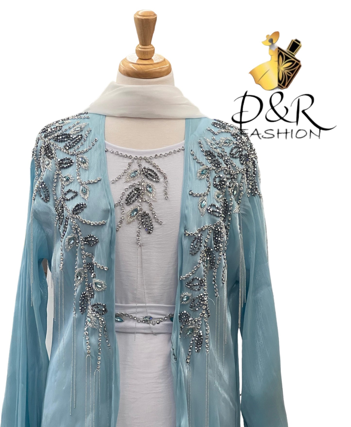 Abaya-Sky Blue and White Dubai Abaya 2 Piece Set