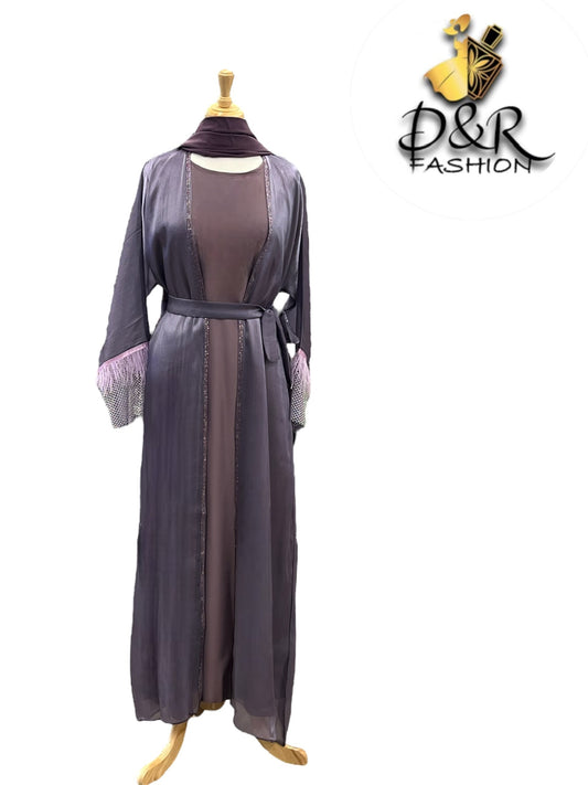 Abaya- Elegant Sheer Shine with Feathered Sleeves Dubai Style Abaya