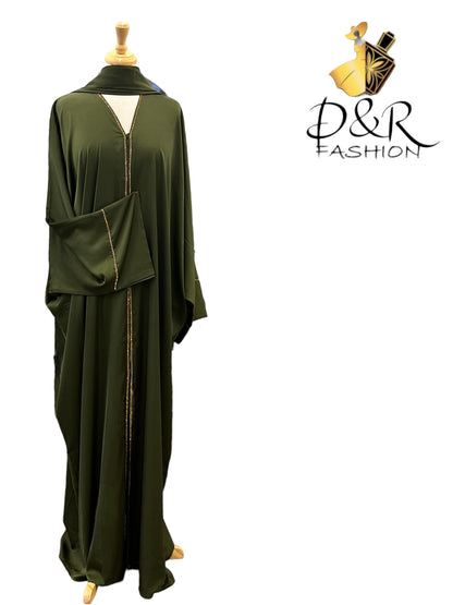 Discover our exquisite Open Abaya from Dubai with stunning golden ribbon